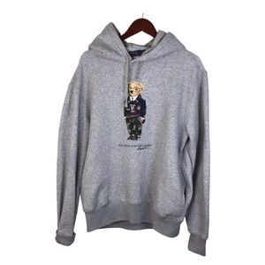 Ralph Lauren Varsity Prep Bear Fleece Hoodie in Grey Size Large.